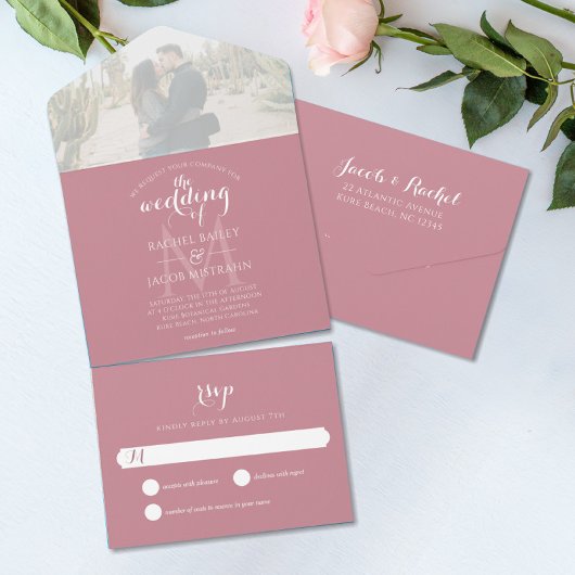 Einfache Mongram Dusty Rose Foto Hochzeit All In One Einladung