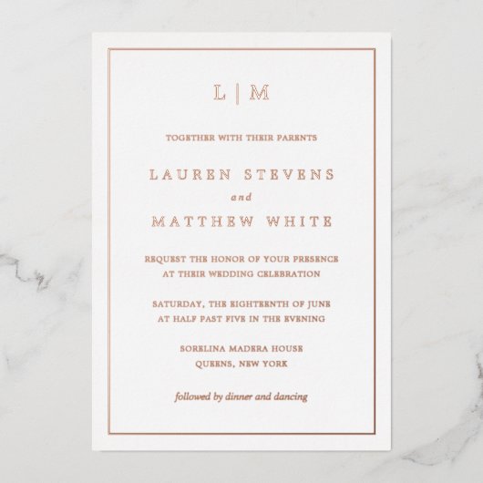 Einfache Mongram Elegant Hochzeit Folieneinladung (Vorderseite)