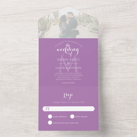 Einfache Mongram Lavender Lila Foto Hochzeit All In One Einladung (Innen Boden)
