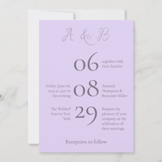 Einfache Mongram Minimalistisch-Pale-Lavendel-Hoch Einladung (Vorderseite)