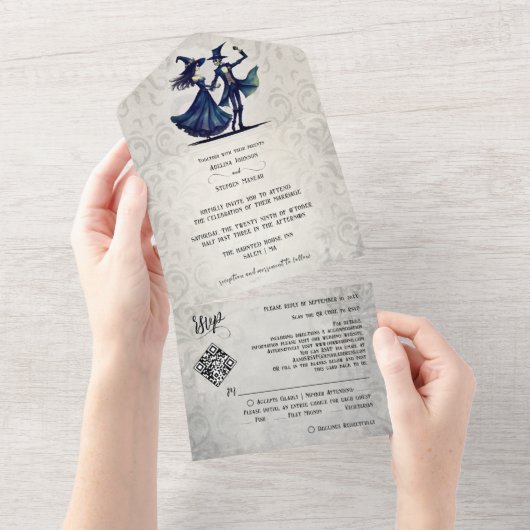 Einfache Mongram Skeleton Halloween QR Code Hochze All In One Einladung (Abreißen)