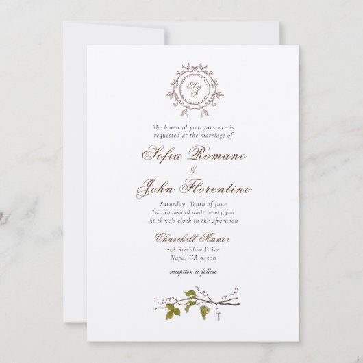 Einfache Mongram Weinhochzeit Einladung (Vorderseite)