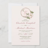 Einfache Mongramm-Blush-Pink-Peony-Hochzeit Einladung (Vorderseite)