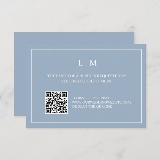 Einfache Monogram Blue QR Code Wedding RSVP Card Dankeskarte (Vorne/Hinten)
