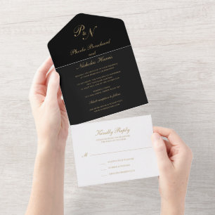 Einfache Monogram Elegant Black and Gold Wedding All In One Einladung