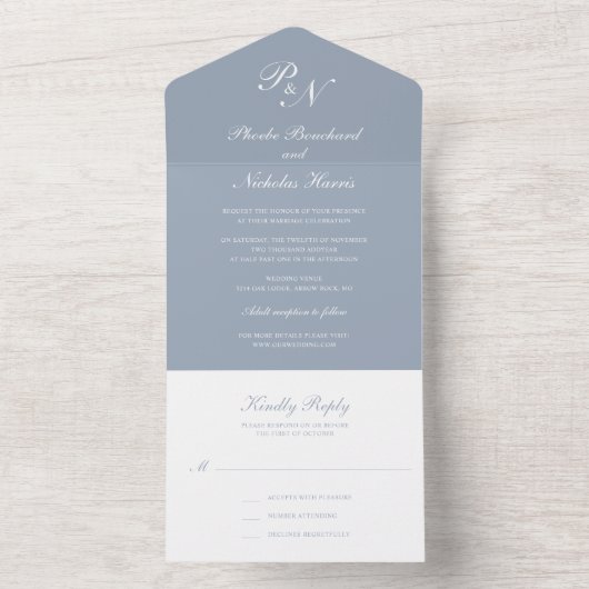 Einfache Monogram Elegant Dusty Blue Wedding All In One Einladung (Innen Boden)