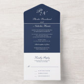 Einfache Monogram Elegant Navy Blue Wedding All In One Einladung (Innen Boden)