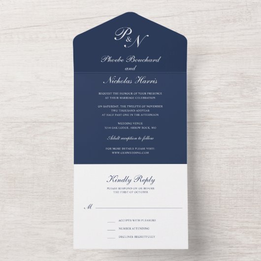 Einfache Monogram Elegant Navy Blue Wedding All In One Einladung (Innen Boden)