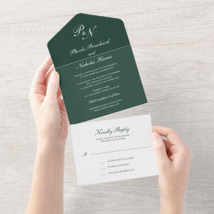 Einfache Monogram Eleganwood Forest Green Wedding All In One Einladung