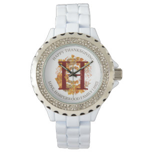 Einfache Monogram Fall Harvest Happy Thanksgiving Armbanduhr