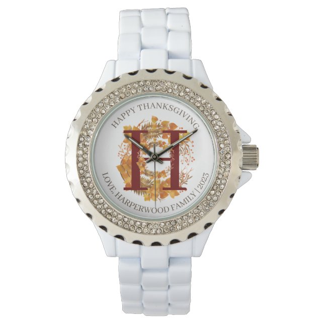 Einfache Monogram Fall Harvest Happy Thanksgiving Armbanduhr (Vorderseite)