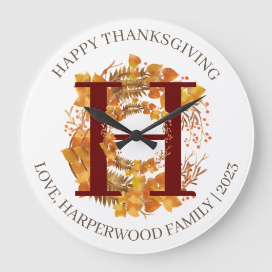 Einfache Monogram Fall Harvest Happy Thanksgiving Große Wanduhr (Vorderseite)