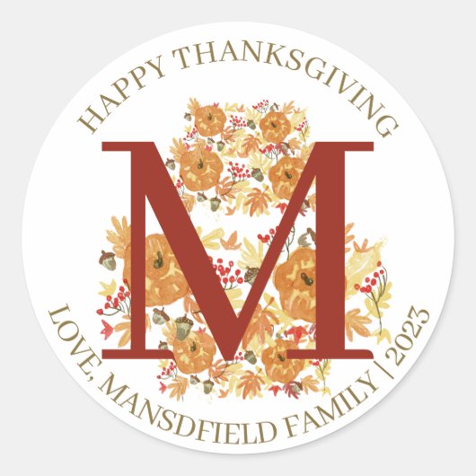 Einfache Monogram Fall Harvest Happy Thanksgiving Runder Aufkleber (Vorderseite)