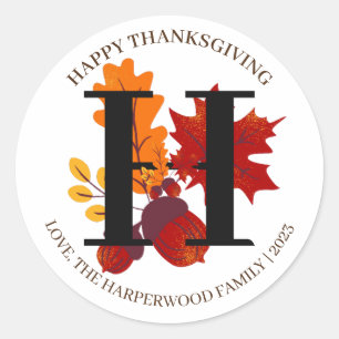 Einfache Monogram Fall Harvest Happy Thanksgiving Runder Aufkleber