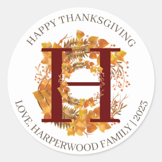Einfache Monogram Fall Harvest Happy Thanksgiving Runder Aufkleber (Vorderseite)