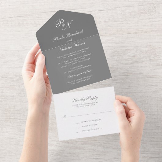 Einfache Monogram Gray Elegant Wedding All In One Einladung (Abreißen)