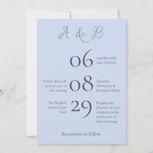 Einfache Monogram Minimalistisch Beau Blue Wedding Einladung (Vorderseite)