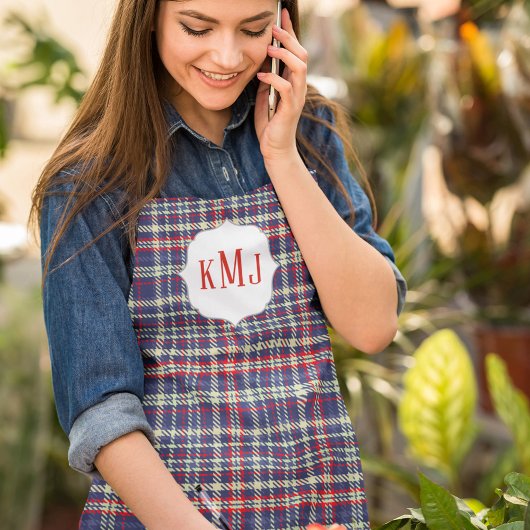 Einfache Monogram Niedlich Navy Blue Green Kariert Schürze