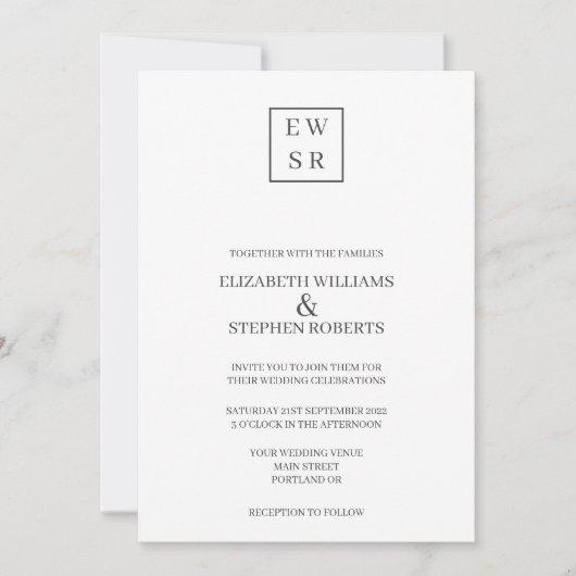Einfache Monogram White and Gray Wedding Einladung (Vorderseite)