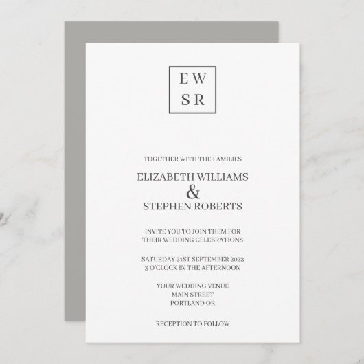 Einfache Monogram White and Gray Wedding Einladung (Vorne/Hinten)