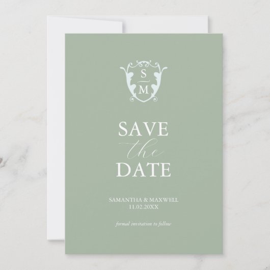 Einfache Monogramm-Anzeige Save the Date grün (Vorderseite)