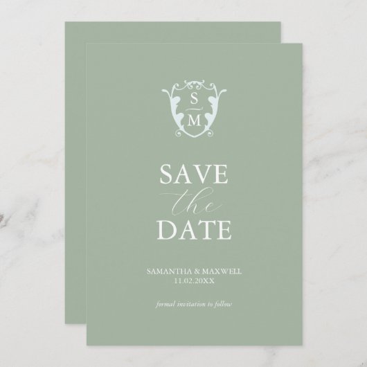 Einfache Monogramm-Anzeige Save the Date grün (Vorne/Hinten)