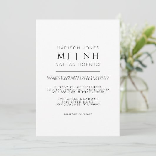 Einfache Monogramm Elegant Minimalistisch Hochzeit Einladung (Stehend Vorderseite)