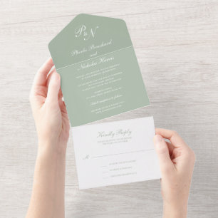 Einfache Monogramm Elegantsage Grüne Hochzeit All In One Einladung