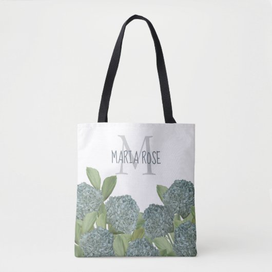 Einfache Monogramm Floral Blue Hydrangea-Blume Tasche (Vorderseite)