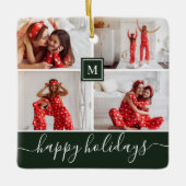 Einfache Monogramm Foto Collage Happy Holiday Gree Keramikornament (Vorderseite)