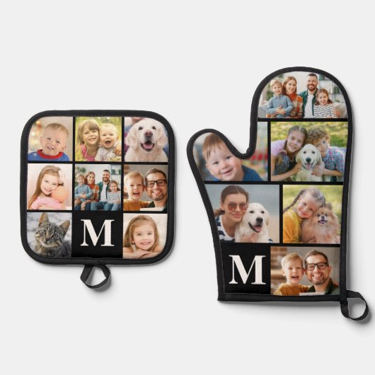 Einfache Monogramm-FotoCollage Mitt 6 Potholder 8 Ofenhandschuh & Topflappen-Set (Vorderseite)