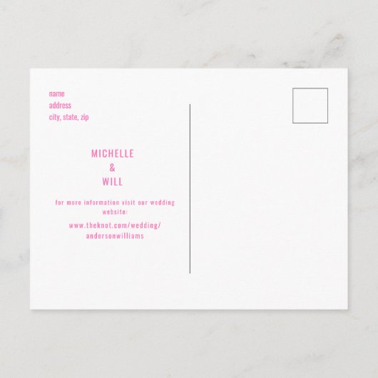 Einfache Monogramm Hot-Pink-Hochzeit speichern Sie Ankündigungspostkarte (Rückseite)