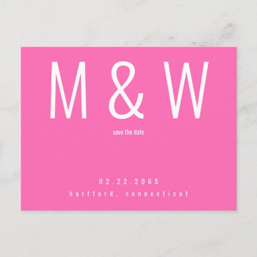Einfache Monogramm Hot-Pink-Hochzeit speichern Sie Ankündigungspostkarte (Vorderseite)