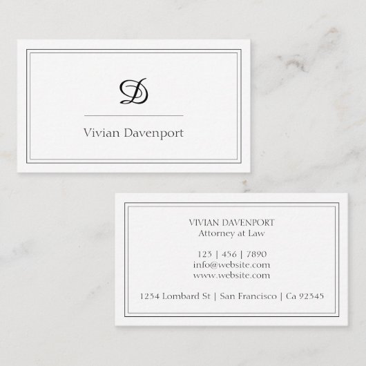 Einfache Monogramm Initial Black and White Elegant Visitenkarte (Vorne/Hinten)