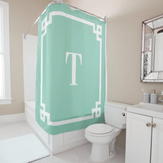 Einfache Monogramm mit Aquamarinem und weißem grie Duschvorhang (Beispiel)