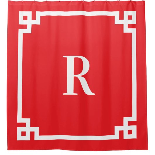 Einfache Monogramm mit hellrotem und weißem griech Duschvorhang (Vorderseite)