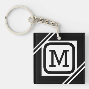 Einfache Monogramm mit kleinem schwarz-weißem Quad Schlüsselanhänger