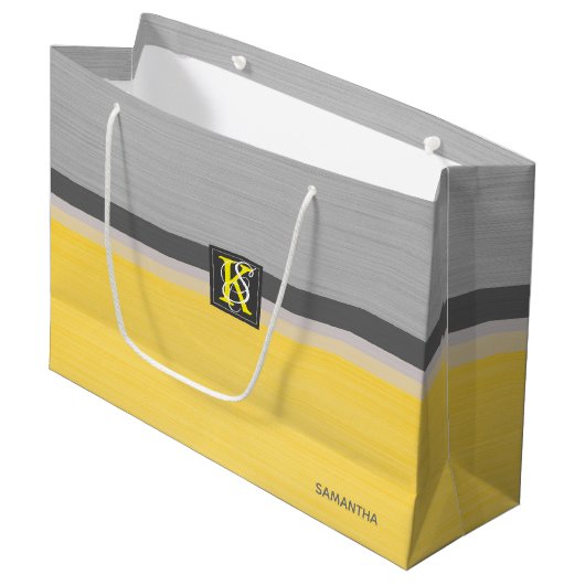 Einfache Monogramm mit zwei Tonen Gelb und Grau Große Geschenktüte (Vorderseite Schrägansicht)