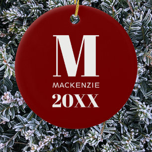 Einfache Monogramm Name Jahr rot und weiß Keramik Ornament