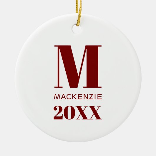 Einfache Monogramm Name Jahr rot und weiß Keramik Ornament (Vorne)