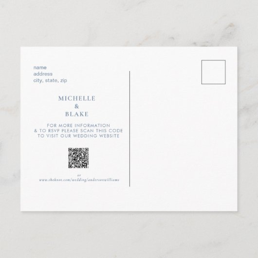 Einfache Monogramm Periwinkle Save the Date QR Ankündigungspostkarte (Rückseite)