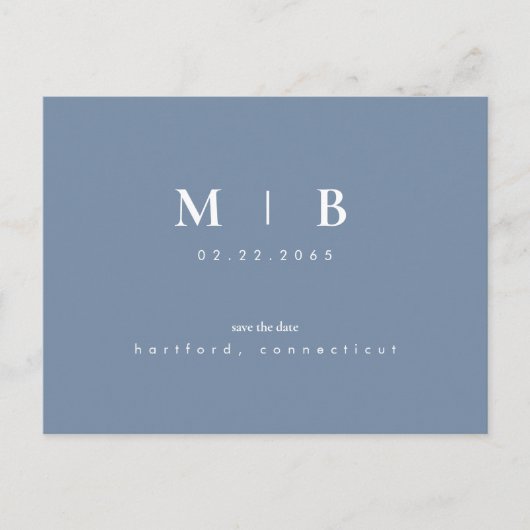 Einfache Monogramm Periwinkle Save the Date QR Ankündigungspostkarte (Vorderseite)