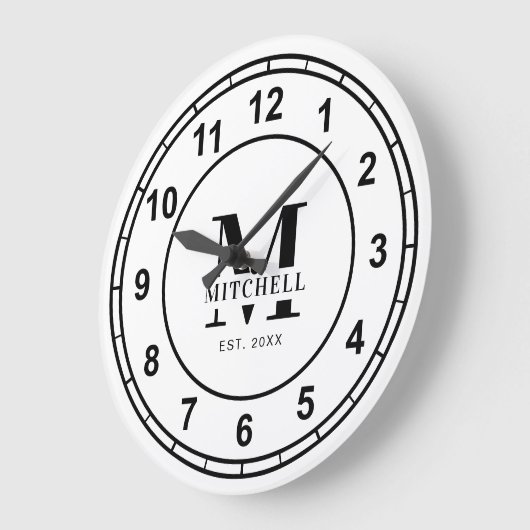 Einfache monogramm Schwarz-Weiß-Familienname Große Wanduhr (Winkel)