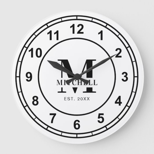 Einfache monogramm Schwarz-Weiß-Familienname Große Wanduhr (Vorderseite)