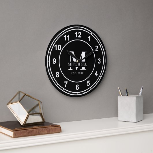 Einfache monogramm Schwarz-Weiß-Familienname Große Wanduhr (Büro)