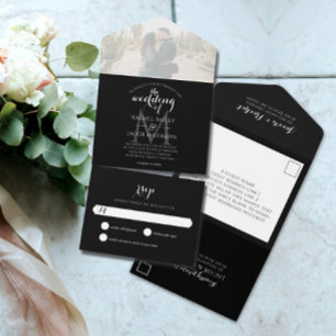 Einfache Monogramm Schwarz-Weiß-Foto-Hochzeit All In One Einladung