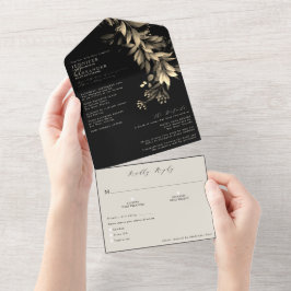 Einfache Moody Greenerity Black & Beige Wedding All In One Einladung