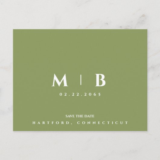 Einfache Moosgrüne Monogramm Hochzeit speichern Si Postkarte (Vorderseite)