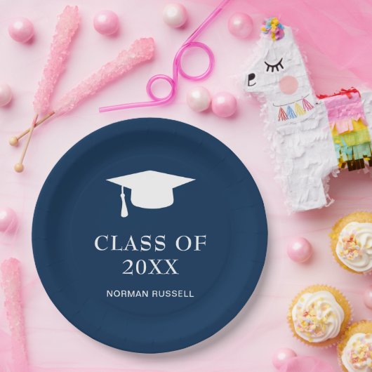 Einfache Mortar Board Navy Blue Moderner Abschluss Pappteller (Party)