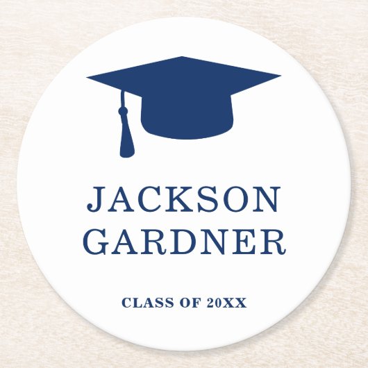 Einfache Mortar Board Navy Blue Moderner Abschluss Runder Pappuntersetzer (Vorderseite)